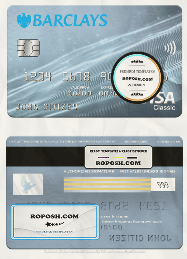 United Kingdom Barclays bank visa classic card, fully editable template in PSD format
