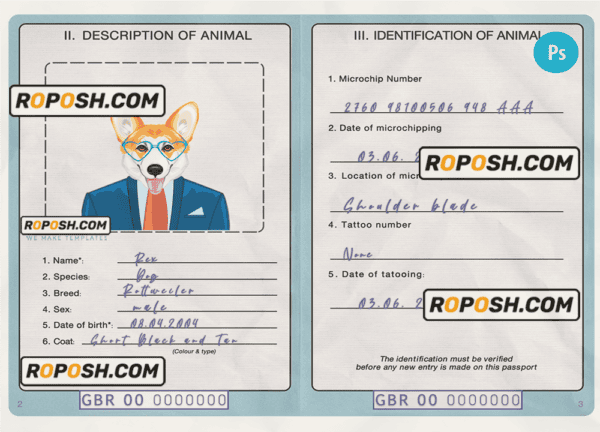 United Kingdom dog (animal, pet) passport PSD template, fully editable