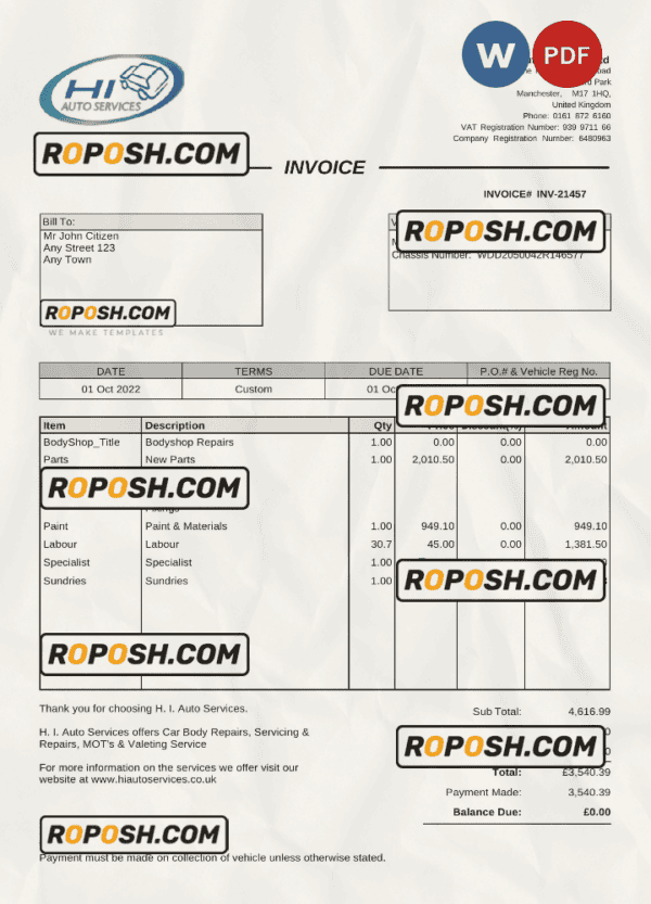 United Kingdom H I Auto Services Ltd invoice Word and PDF template, fully editable