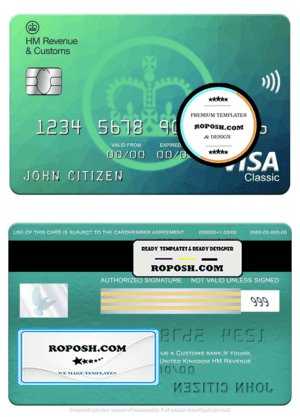 United Kingdom HM Revenue & Customs bank visa classic card, fully editable template in PSD format