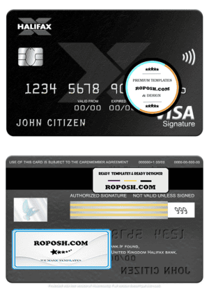 United Kingdom Halifax bank visa signature card, fully editable template in PSD format