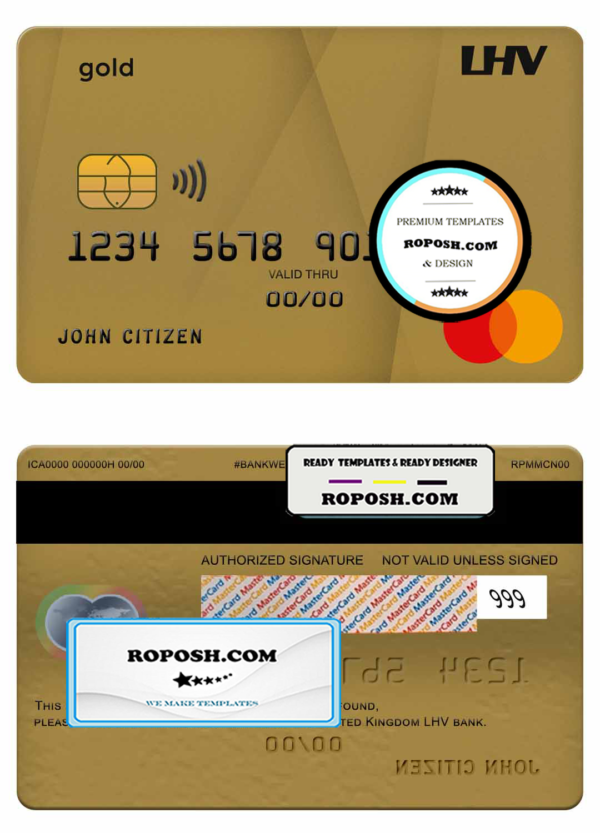United Kingdom LHV bank mastercard gold credit card template in PSD format