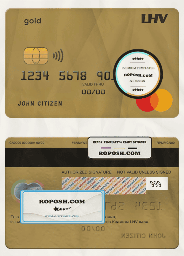 United Kingdom LHV bank mastercard gold credit card template in PSD format