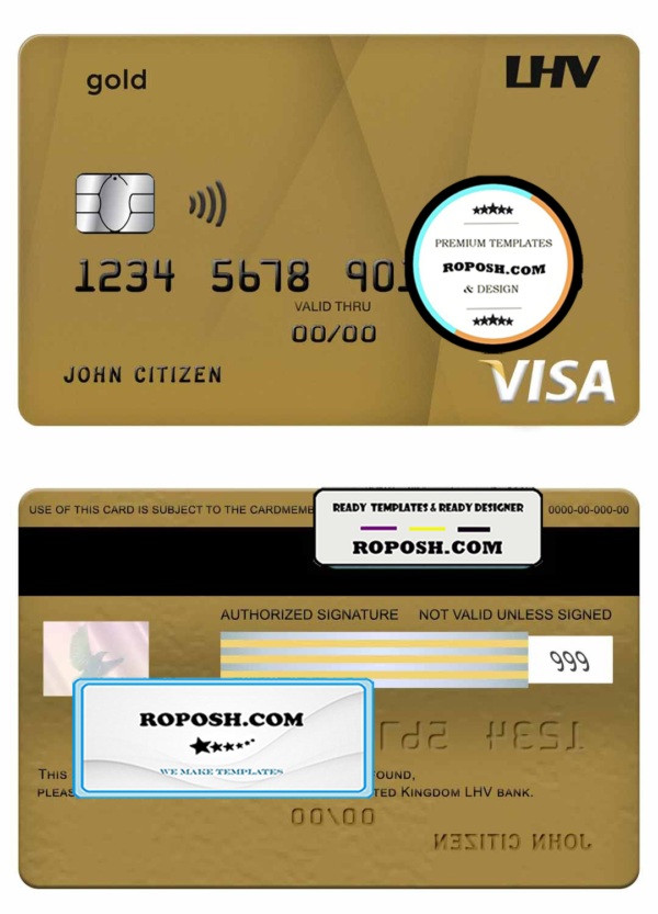 United Kingdom LHV bank visa gold credit card template in PSD format