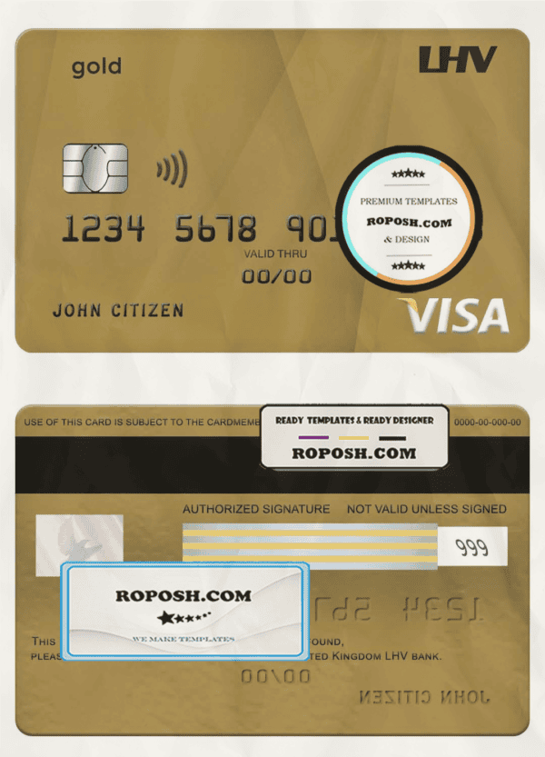 United Kingdom LHV bank visa gold credit card template in PSD format