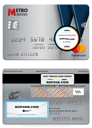 United Kingdom Metro Bank mastercard, fully editable template in PSD format