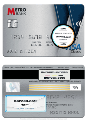 United Kingdom Metro Bank visa classic card, fully editable template in PSD format