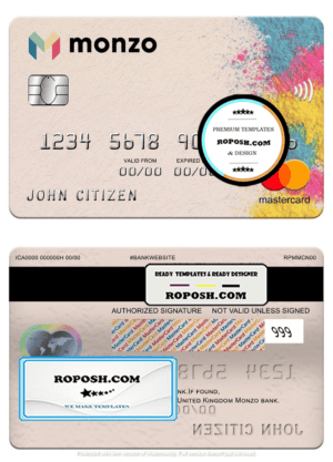 United Kingdom Monzo bank mastercard, fully editable template in PSD format