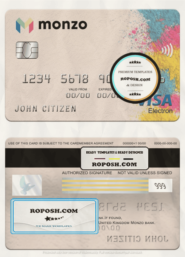 United Kingdom Monzo bank visa electron card, fully editable template in PSD format
