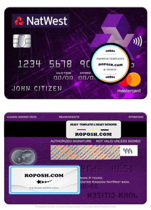United Kingdom NatWest bank mastercard, fully editable template in PSD format