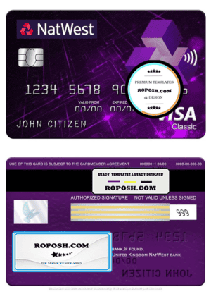 United Kingdom NatWest bank visa classic card, fully editable template in PSD format