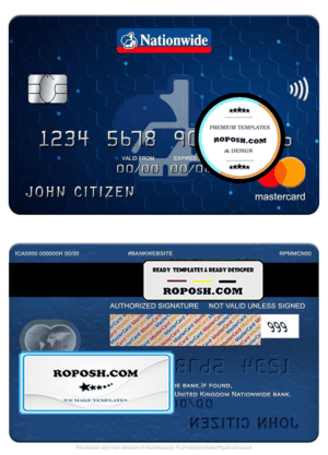 United Kingdom Nationwide bank mastercard, fully editable template in PSD format