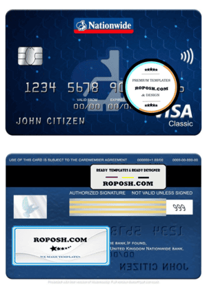 United Kingdom Nationwide bank visa classic card, fully editable template in PSD format