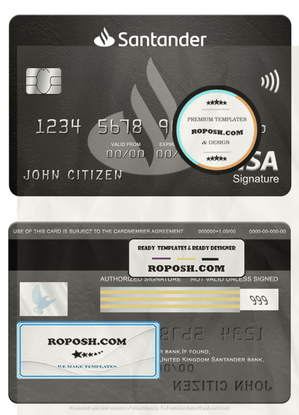 United Kingdom Santander bank visa signature card, fully editable template in PSD format