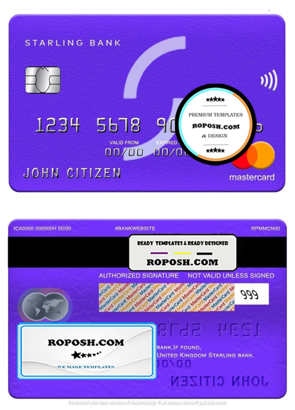 United Kingdom Starling bank mastercard, fully editable template in PSD format
