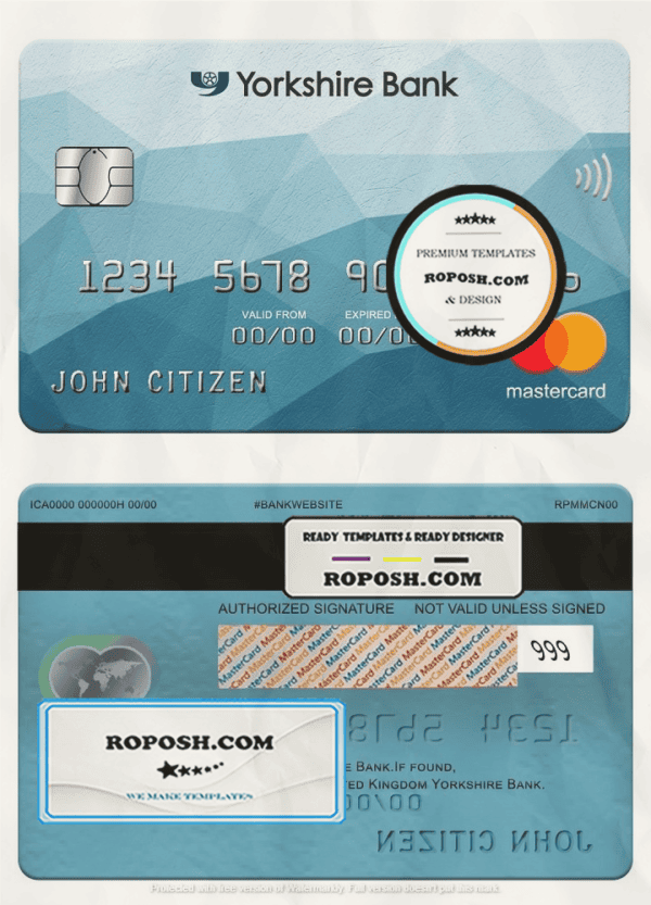 United Kingdom Yorkshire Bank mastercard, fully editable template in PSD format