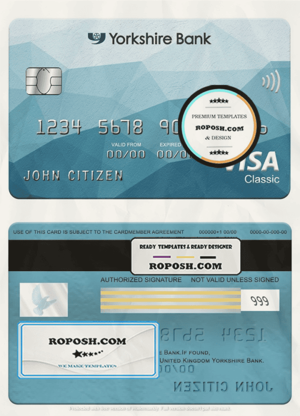 United Kingdom Yorkshire Bank visa classic card, fully editable template in PSD format