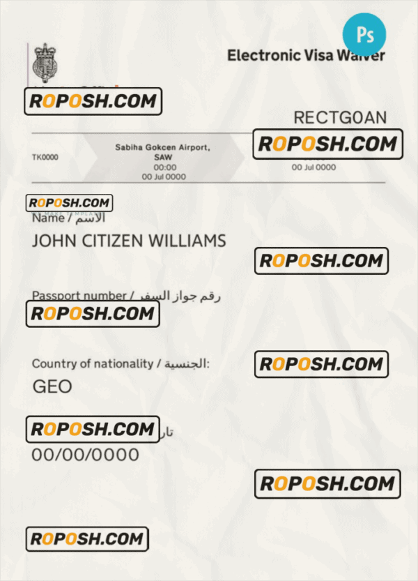United Kingdom electronic visa waiver PSD template, fully editable