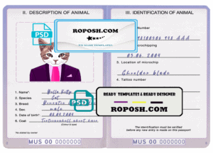 United States of America cat (animal, pet) passport PSD template, fully editable
