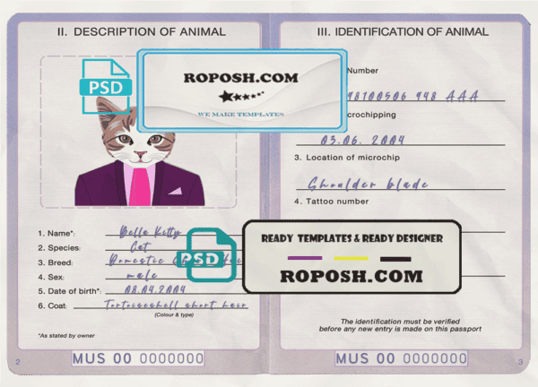 United States of America cat (animal, pet) passport PSD template, fully editable