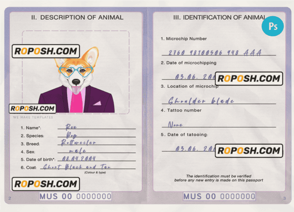 United States of America dog (animal, pet) passport PSD template, fully editable