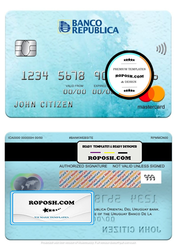 Uruguay Banco De La Republica Oriental Del Uruguay bank mastercard, fully editable template in PSD format