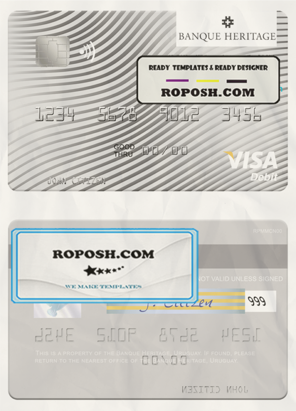 Uruguay Banque Heritage visa debit card template in PSD format scan effect