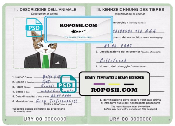 Uruguay cat (animal, pet) passport PSD template, completely editable