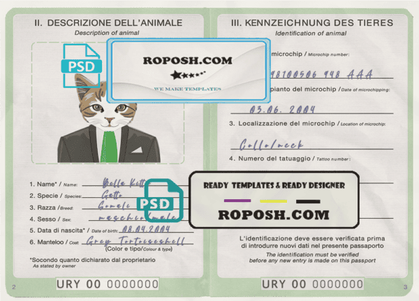 Uruguay cat (animal, pet) passport PSD template, completely editable