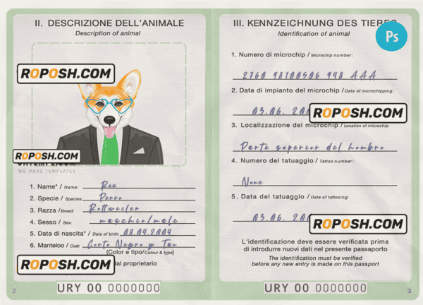Uruguay dog (animal, pet) passport PSD template, completely editable