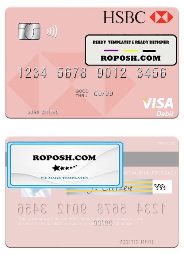 Uruguay HSBC Bank visa debit card template in PSD format
