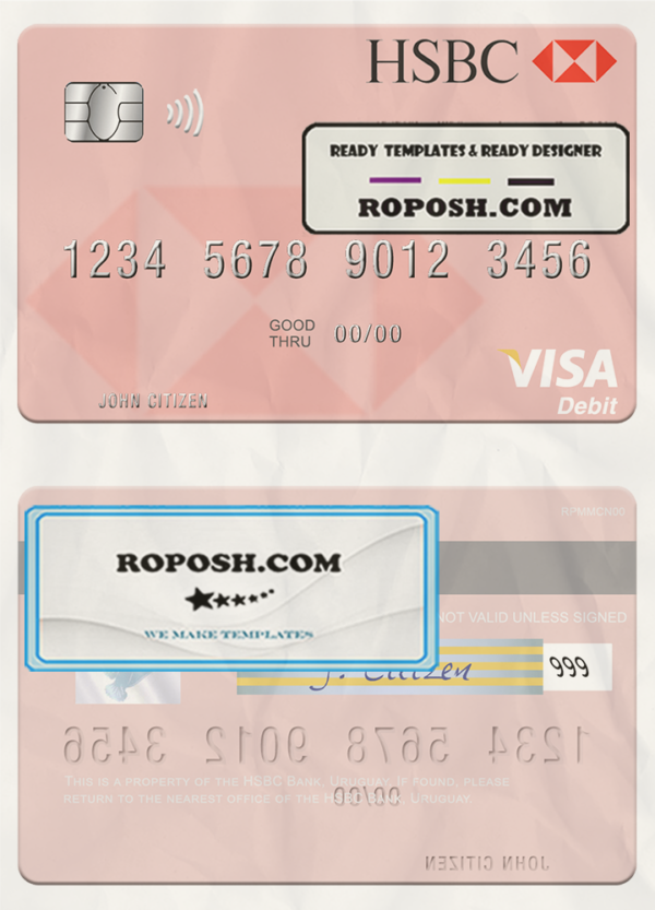 Uruguay HSBC Bank visa debit card template in PSD format scan effect