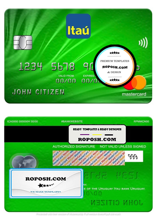 Uruguay Itau Bank mastercard, fully editable template in PSD format