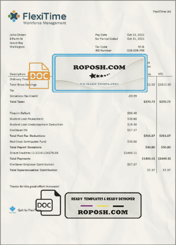 USA FlexiTime workforce management & payroll solutions invoice template in Word and PDF format, fully editable