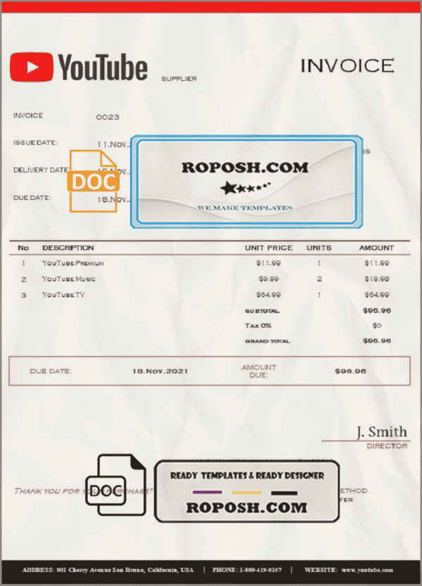 USA Youtube invoice template in Word and PDF format, fully editable