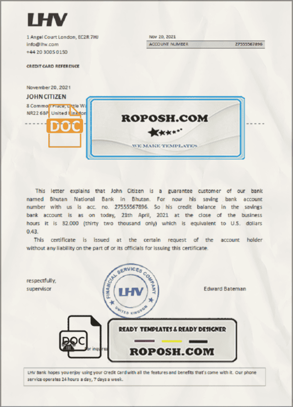 United Kingdom LHV bank account balance reference letter template in Word and PDF format