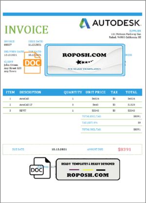 USA Autodesk invoice template in Word and PDF format, fully editable