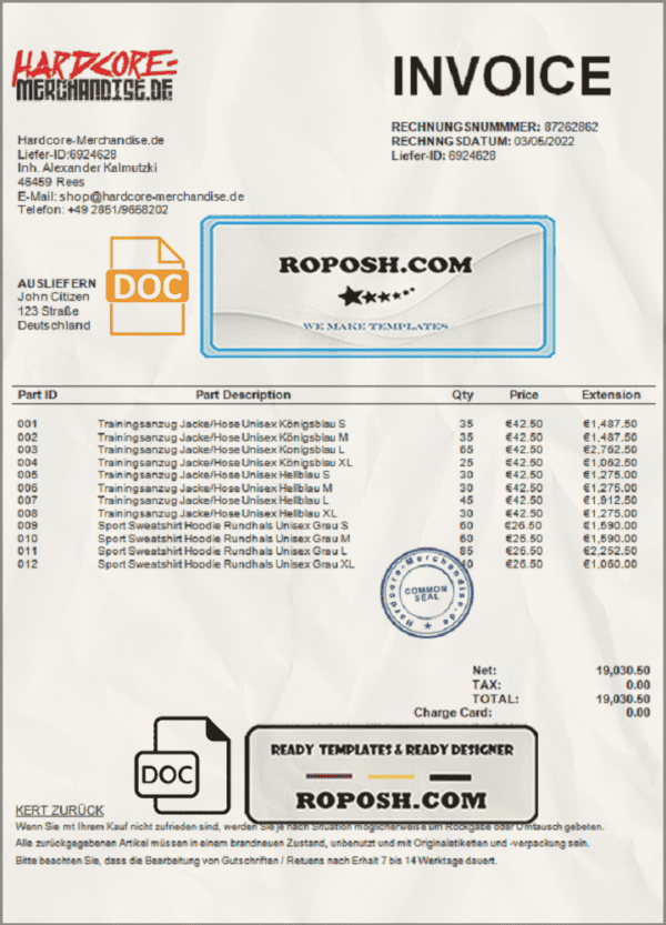 Germany Hardcore Merchandise invoice template in Word and PDF format