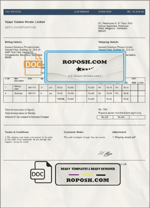 India Vijaya Traders Private Limited Company invoice template in Word and PDF format, fully editable