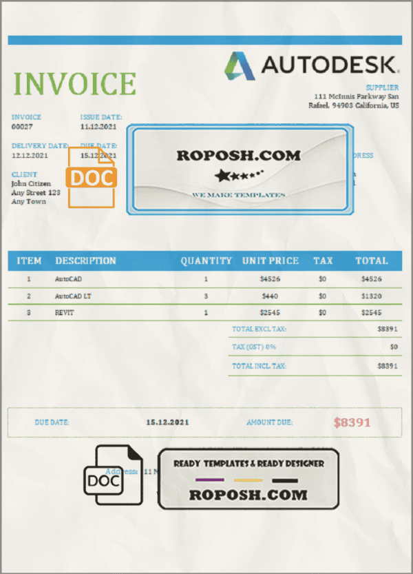 USA Autodesk invoice template in Word and PDF format, fully editable