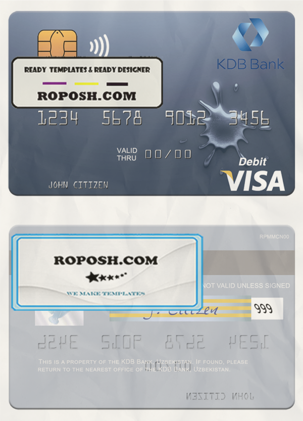 Uzbekistan KDB Bank visa debit card template in PSD format scan effect