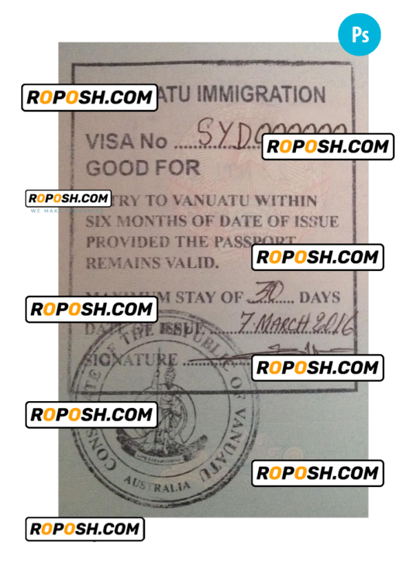 VANUATU visa stamp PSD template, with fonts