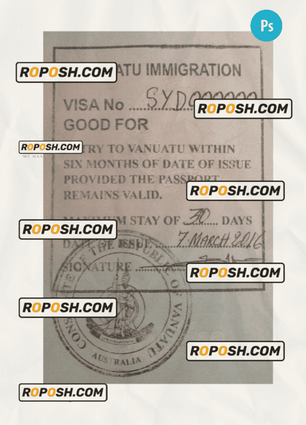 VANUATU visa stamp PSD template, with fonts