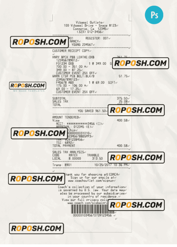 VIBASEL OUTLETS payment receipt PSD template