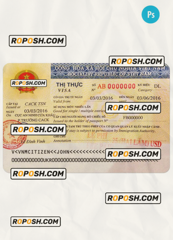 VIETNAM entry visa PSD template, fully editable scan effect