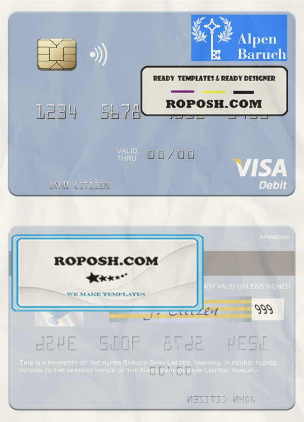 Vanuatu Alpen Baruch Bank Limited visa debit card template in PSD format scan effect