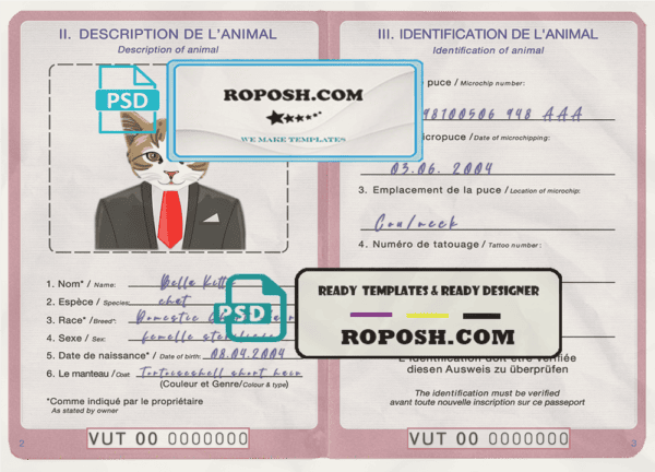 Vanuatu cat (animal, pet) passport PSD template, completely editable