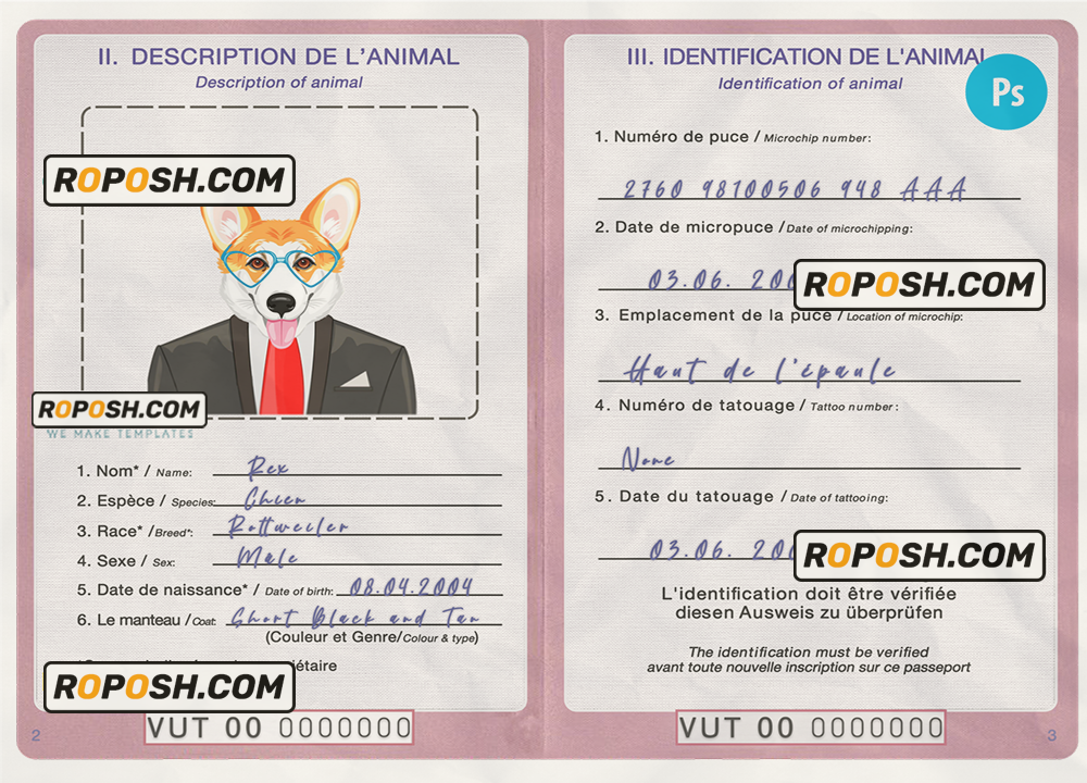 Vanuatu dog (animal, pet) passport PSD template, completely editable scan effect