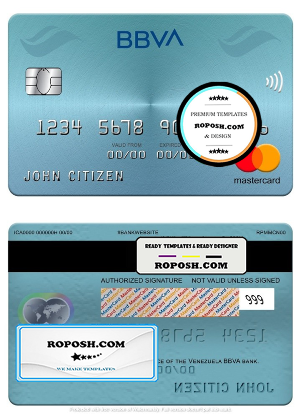 Venezuela BBVA bank mastercard, fully editable template in PSD format