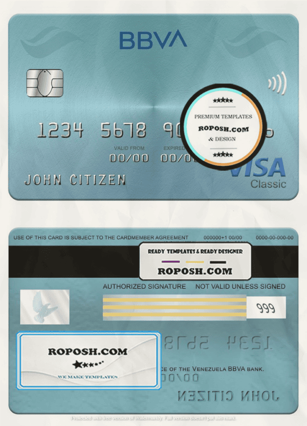 Venezuela BBVA bank visa classic card, fully editable template in PSD format